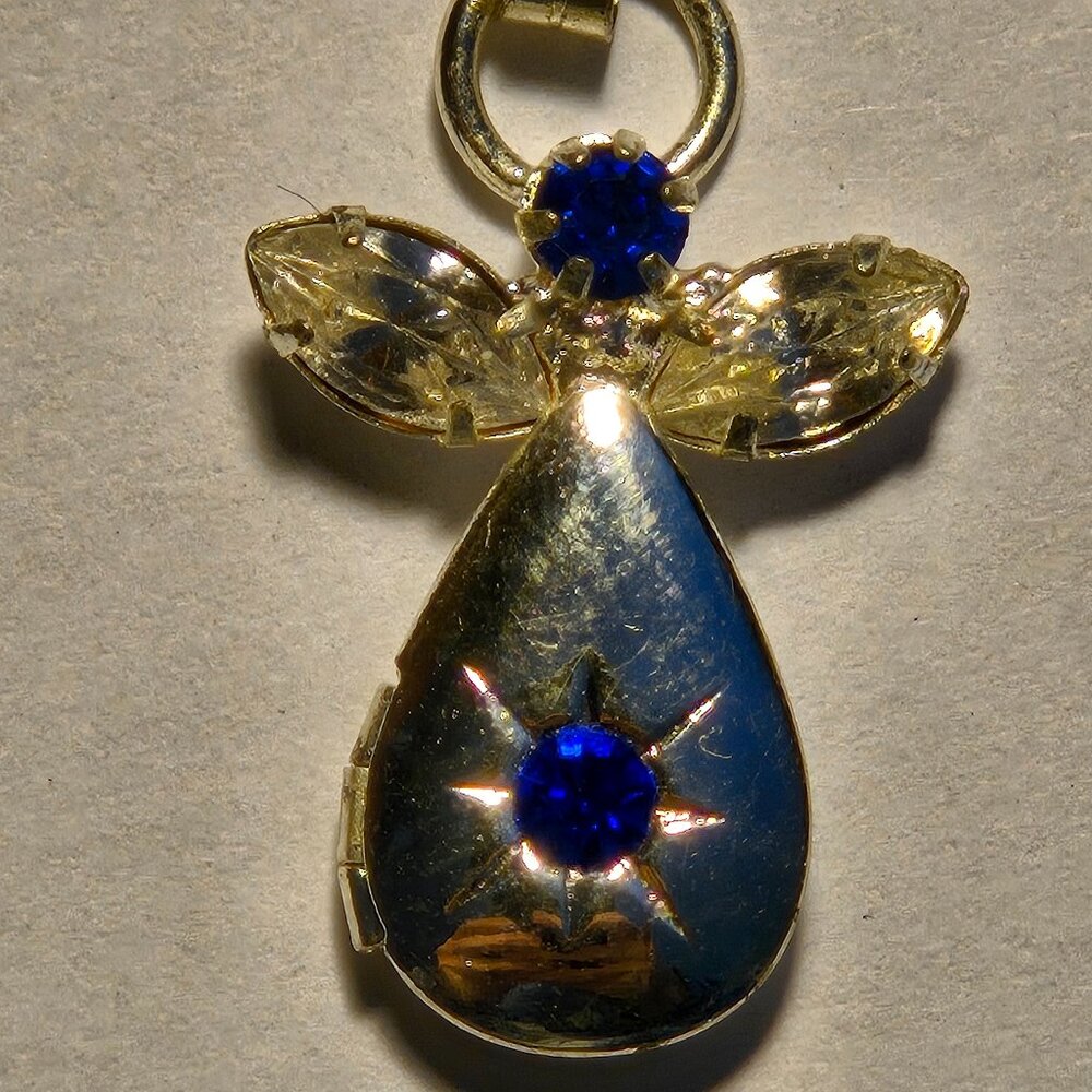 17.5" Chain Necklace Angel Charm Locket w/ Blue and Clear Stones Silver Color